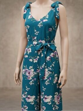 Floral Tie-Shoulder Teal Jumpsuit